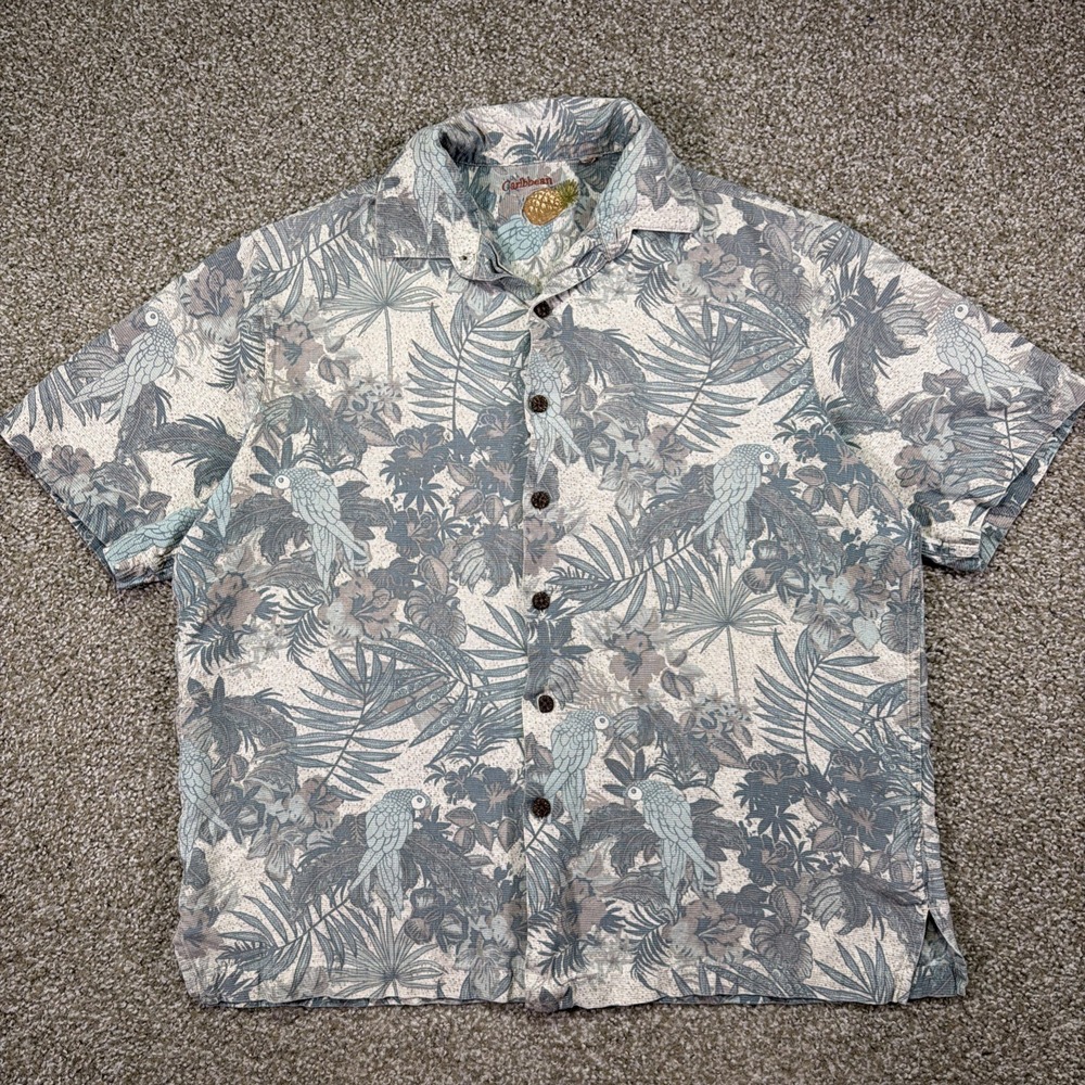 Caribbean Silk Blend Hawaiian Shirt Large Parrot Palm Print Button Up Essentials